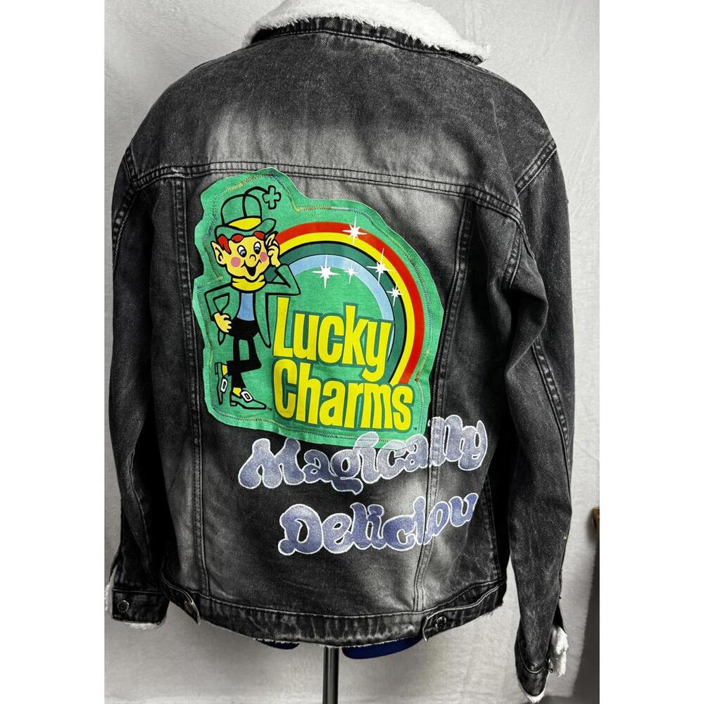 lucky charms denim magically delicious glows upcycled art jacket sherpa unisex L